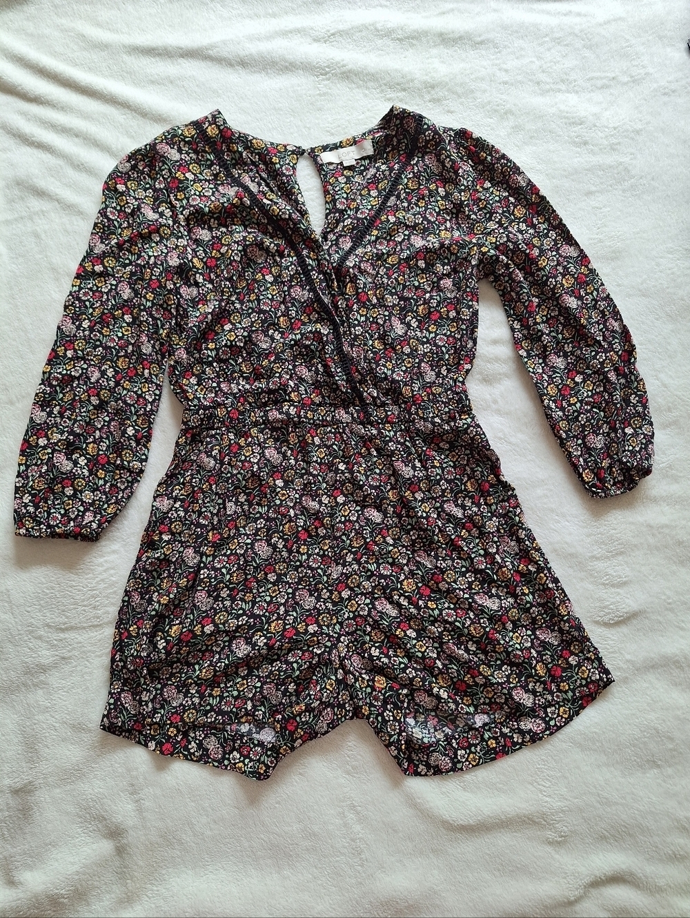 LOFT Floral Garden Wrap Romper SP S Petite 3/4 Sleeve Ladder Lace Trim Pockets